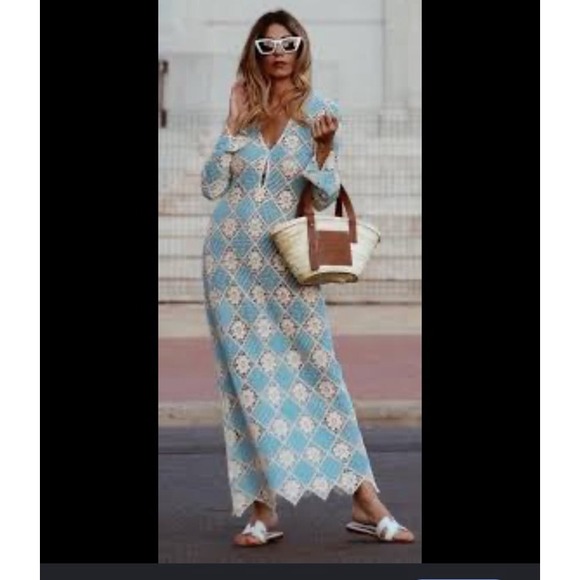 Zara Dresses & Skirts - Zara blue and white crochet midi dress XL